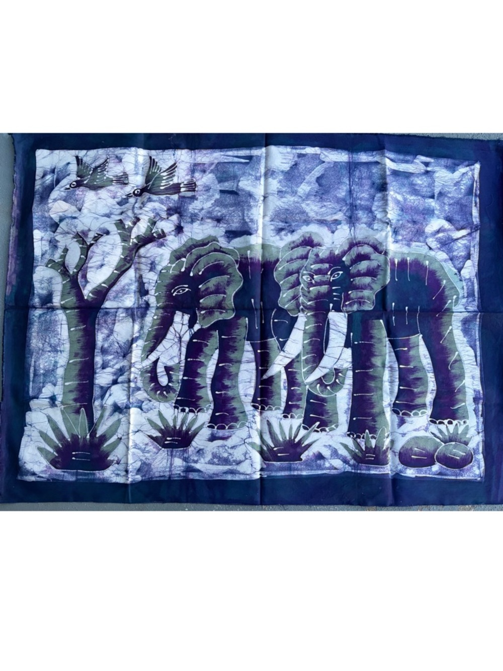 Handmade Elephant Batik Wall Hanging And A Scarf in Indigo and Olive